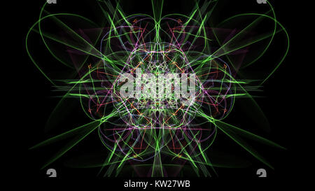 Abstrakte Kunstwerke. Bunte Linien mit Partikeln auf schwarzem Hintergrund. Seide Symmetrie Serie. Stockfoto