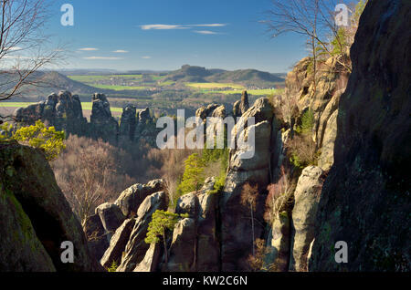 Elbsandstein, Schrammsteinmassiv, Schrammsteinkette nach Ansicht der Burr, Schrammsteinkette in der Ansicht vom Gratweg Stockfoto