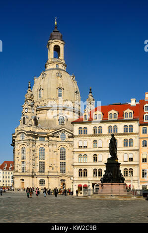 Dresden, Frauenkirche und das Denkmal Friedrich August II., die Frauenkirche und die Denkmal Friedrich August II. Stockfoto