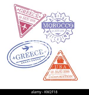 Flugzeug reisen Briefmarken Griechenland Marokko usa in bunten Silhouette Stock Vektor