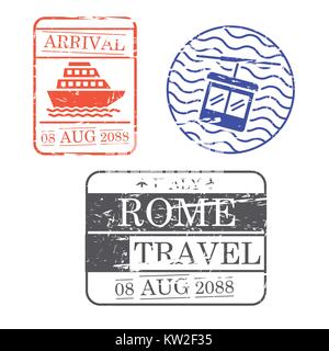 Schiff und Seilbahn reisen Briefmarken von Rom in bunten Silhouette Stock Vektor