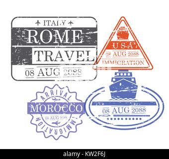 Schiff und Flugzeug reisen Briefmarken von Rom usa und Marokko in bunten Silhouette Stock Vektor