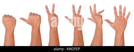 Männliche hand Gesten und Zeichen Sammlung auf weißem Hintergrund mit Freistellungspfad isoliert. Stockfoto