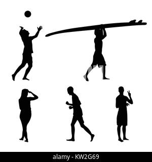 Einstellen der schwarzen Silhouetten, die sich aktiv im Sport am Strand. Laufen, Volleyball spielen und Surfen. Stock Vektor