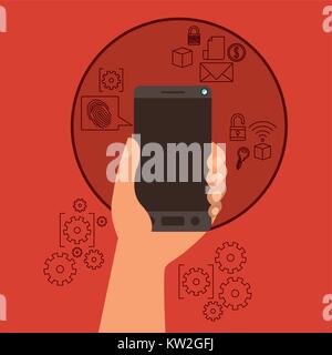 Mobile Sicherheit mit Hand smartphone Holding in orange Hintergrund Stock Vektor