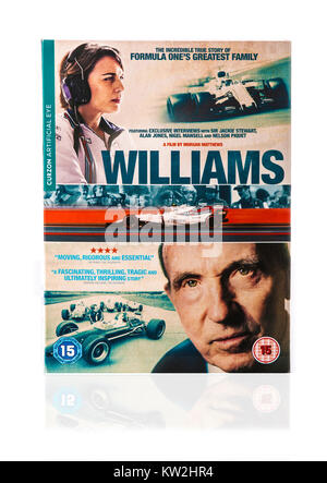 SWINDON, Großbritannien - 29 Dezember, 2017: DVD des Williams F1 Geschichte, ein Film von Morgan Matthews auf weißem Hintergrund Stockfoto