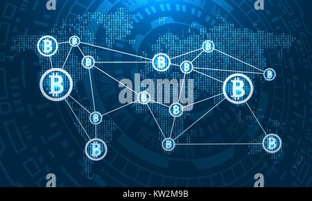 Bitcoins auf Weltkarte, BTC, virtuelles Geld Transfer Stock Vektor
