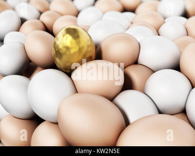 Goldene Ei heraus stehen unter braune und weiße Eier. 3D-Darstellung. Stockfoto