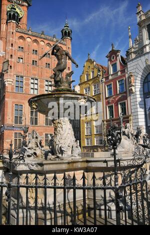 Der Neptunbrunnen in Danzig, Pommern, Polen. Stockfoto