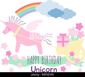 Rosa geflügelte Einhorn Pferd mit violetten Mähne und Schweif zieht ein Warenkorb mit einem Geburtstag Geschenkbox und Blumen. Alles Gute zum Geburtstag Greeting Card. Stock Vektor