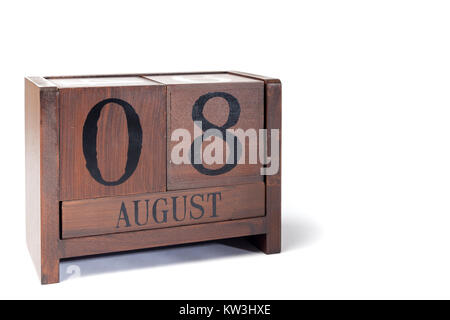 Holz- Ewiger Kalender bis August 8. Stockfoto