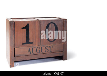 Holz- Perpetual Calendar 10. bis August festgelegt Stockfoto