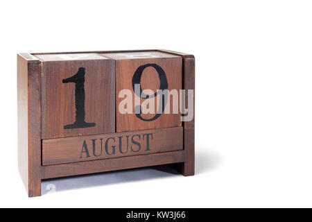 Holz- Ewiger Kalender bis August 19 einstellen Stockfoto