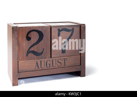 Holz- Perpetual Calendar 27. bis August festgelegt Stockfoto