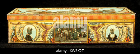 Dieses Bild zeigt eine Zigarrenverpackung aus dem Jahr 1910, die für 50 Zigarren ausgelegt ist. Die Verpackung spiegelt Design- und Marketingstrategien des frühen 20. Jahrhunderts wider, die in der Tabakindustrie verwendet werden. Stockfoto