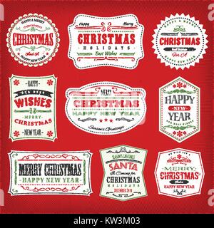 Abbildung: eine Reihe von Weihnachten und ein glückliches neues Jahr Frames, Fahnen und Abzeichen, für die guten Wünsche Jahreszeit, Winter und Weihnachtszeit im Dezember, in Rot, Schwarz Stock Vektor