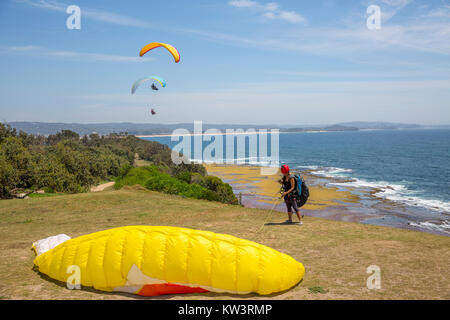 Drachenfliegen und Gleitschirmfliegen ist bei Long Reef aquatische buchen Northern Beaches von Sydney, Australien, hier eine Dame bereitet für beliebte Stockfoto