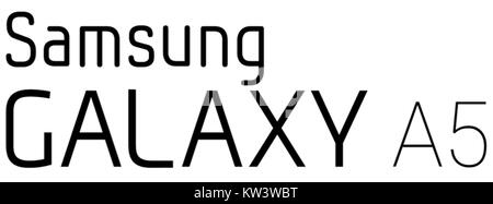 Das Samsung Galaxy A5 Logo steht für die Markenidentität der Samsung Galaxy A-Smartphones. Das Logo ist ein wesentliches visuelles Element des Marketings und Brandings des Produkts und spiegelt die technologische Innovation und den Designfokus des Unternehmens wider. Stockfoto