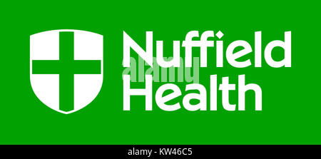 Das Nuffield Health Master Logo repräsentiert die Gesundheits- und Fitnessorganisation, die für ihren Schwerpunkt auf Wohlbefinden, medizinische Dienstleistungen und Fitnesszentren in Großbritannien bekannt ist. Stockfoto