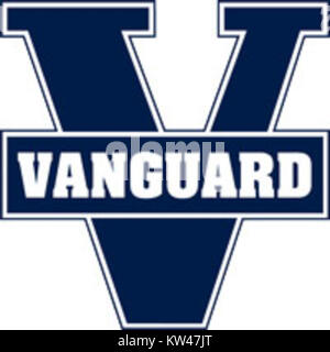 Das Vanguard-Logo in marineblauen und weißen Farben ist ein grafisches Symbol für die Vanguard Group, ein Finanzdienstleistungsunternehmen. Das Logo verkörpert die Markenidentität und die Werte des Unternehmens und konzentriert sich auf Anlagemanagement und Finanzplanung. Stockfoto
