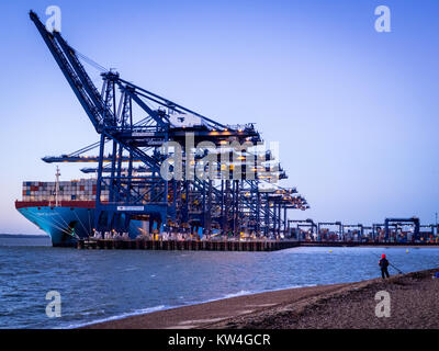 UK Trade-Container auf einem Schiff im Hafen Felixstowe geladen, der größten Containerhafen in Großbritannien. Stockfoto