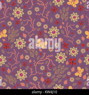 Nahtlose Natur Muster mit Blumen, Blätter, Zweige, Beeren und Schmetterlinge. Stock Vektor