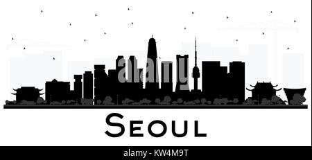 Seoul Korea Skyline der Stadt schwarze und weiße Silhouette mit Reflexionen. Vector Illustration. Business Travel Concept. Seoul Stadtbild mit Sehenswürdigkeiten. Stock Vektor