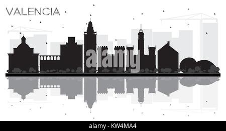 Valencia Spanien Skyline der Stadt schwarze und weiße Silhouette mit Reflexionen. Vector Illustration. Business Travel Concept. Valencia Stadtbild Stock Vektor