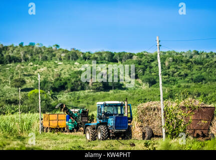 Zuckerrohr Ernte auf dem Feld mit einem Mähdrescher in Santa Clara in Kuba - Serie Kuba Reportage Stockfoto