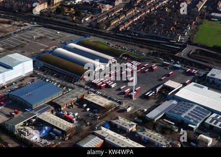 West Ham Bus Garage als aus der Luft gesehen Stockfoto