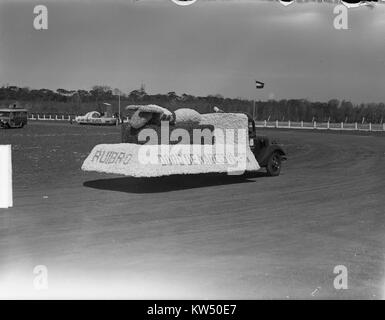 Dieses Bild zeigt den Bloemencorso Bollenstreek, eine berühmte Blumenparade in den Niederlanden. Die jährlich stattfindende Veranstaltung zeigt raffinierte Blumenwagen, bei denen Teilnehmer und Zuschauer die landwirtschaftlichen Traditionen und die lebendigen Blumenaufführungen der Region feiern. Stockfoto