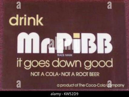 Mr. Pibb ist eine Marke für alkoholfreie Getränke, die von der Coca-Cola Company als Konkurrent von Dr. Pepper eingeführt wurde, der für seinen gewürzten Kirschgeschmack und seine Popularität in den USA bekannt ist Stockfoto