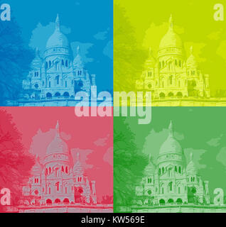 Eine künstlerische Darstellung des Pariser Viertels Montmartre mit der Basilika Sacré-Cœur, inspiriert von Andy Warhols Pop-Art-Stil. Stockfoto
