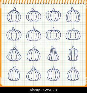 Kürbis Symbol Leitung festgelegt. Kürbis handschriftliche pen Wirkung auf karierten Blatt. Flat Style Squash zeichen Vector Illustration. Konzept web, Infografik, Drucken, c Stock Vektor