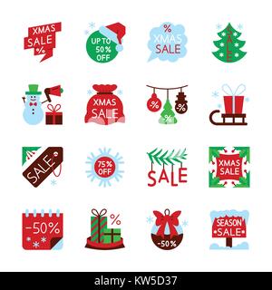 Bunte Jahreszeit Weihnachten Verkauf Icon Set. Neues Jahr Flat Style Spiel Konzept Sammlung Xmas Farbe Web, Karten, Drucken, Büro, Geschäft, Banner, Aufkleber Stock Vektor