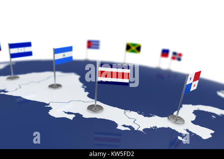 Costa Rica Flagge. Landesflagge mit Chrom Fahnenmast auf der Weltkarte mit Nachbarn Länder grenzen. 3D-Illustration rendering Flagge Stockfoto