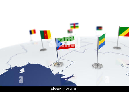 Äquatorialguinea Flagge. Landesflagge mit Chrom Fahnenmast auf der Weltkarte mit Nachbarn Länder grenzen. 3D-Illustration rendering Flagge Stockfoto