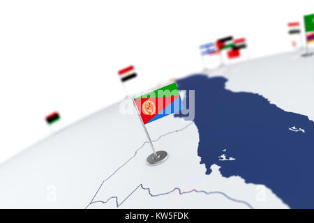 Eritrea Flagge. Landesflagge mit Chrom Fahnenmast auf der Weltkarte mit Nachbarn Länder grenzen. 3D-Illustration rendering Flagge Stockfoto