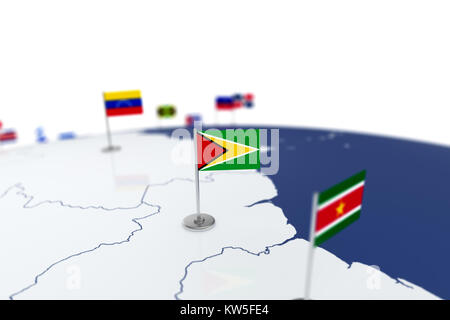 Guyana Flagge. Landesflagge mit Chrom Fahnenmast auf der Weltkarte mit Nachbarn Länder grenzen. 3D-Illustration rendering Flagge Stockfoto