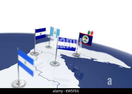 Honduras Flagge. Landesflagge mit Chrom Fahnenmast auf der Weltkarte mit Nachbarn Länder grenzen. 3D-Illustration rendering Flagge Stockfoto