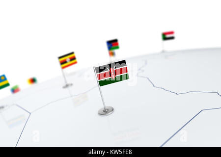 Kenia Flagge. Landesflagge mit Chrom Fahnenmast auf der Weltkarte mit Nachbarn Länder grenzen. 3D-Illustration rendering Flagge Stockfoto
