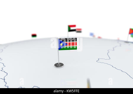 Der Süden des Sudan Flagge. Landesflagge mit Chrom Fahnenmast auf der Weltkarte mit Nachbarn Länder grenzen. 3D-Illustration rendering Flagge Stockfoto