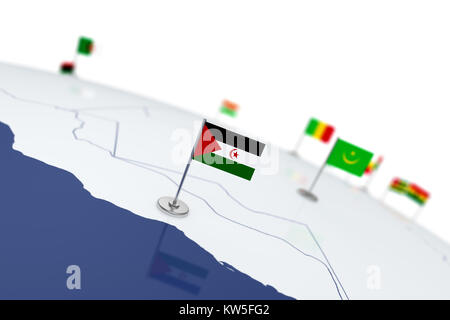 Westsahara Flagge. Landesflagge mit Chrom Fahnenmast auf der Weltkarte mit Nachbarn Länder grenzen. 3D-Illustration rendering Flagge Stockfoto