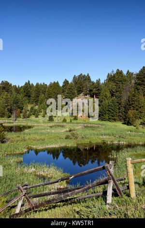 Teich und den Zaun entlang der Beartooth Highway, Wyoming. Der Chief Joseph, die mit dem Beartooth Scenic Byways verbunden ist als eines der am meisten angesehen Stockfoto