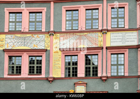 Historische Sonnenihr in der untermarket, Görlitzer Altstadt, Historische Sonnenihr am Untermarkt, Görlitzer Altstadt Stockfoto