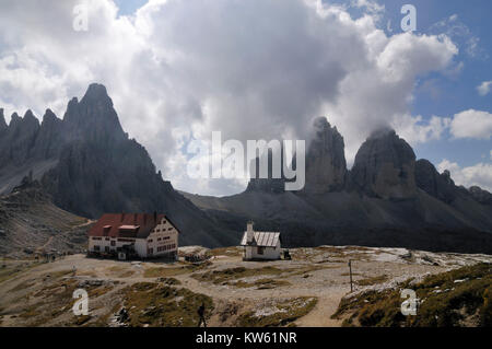 Die Dolomiten Drei Zinnen Hütte, Dolomiten Drei Zinnen Hütte Stockfoto