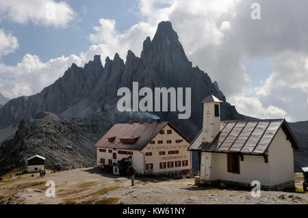 Die Dolomiten Drei Zinnen Hütte, Dolomiten Drei Zinnen Hütte Stockfoto