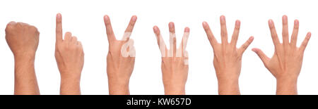Männliche hand Gesten und Zeichen Sammlung auf weißem Hintergrund mit Freistellungspfad isoliert. Stockfoto