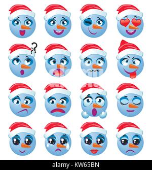 Der Vektor Aufkleber, emojis mit niedlichen Schneemann Stock Vektor