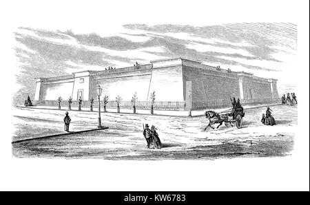 Vintage Gravur der Murray Hill Behälter mit Wasser zu versorgen die Bürger von New York City. 1842 mit Granit Mauern gebaut und Gusseisen Rohre in ägyptischen Revival architektonischen Stil in den 1890er Jahren Platz für Bryant Park und der New York Public Library zu machen abgerissen Stockfoto